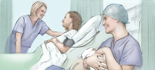 Nurse comforting woman in hospital bed with doctor holding newborn baby