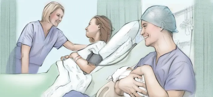 Nurse comforting woman in hospital bed with doctor holding newborn baby