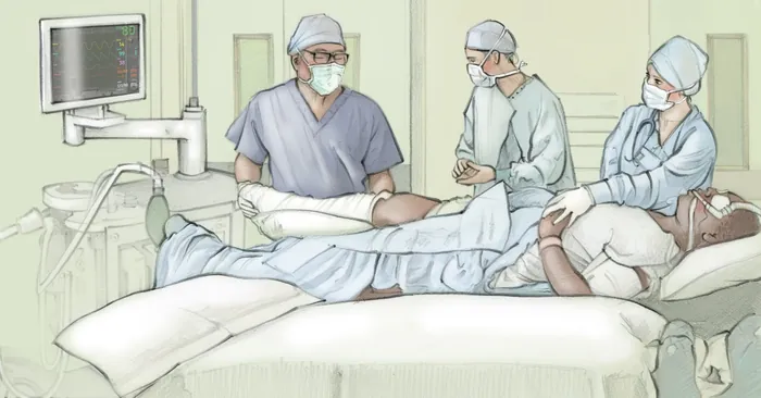 Medical team in hospital performing spinal or epidural anaesthesia