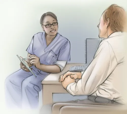 Healthcare professional discussing with a patient in a medical office