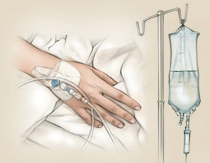 Patient hand with IV drip and medical tubing in hospital setting