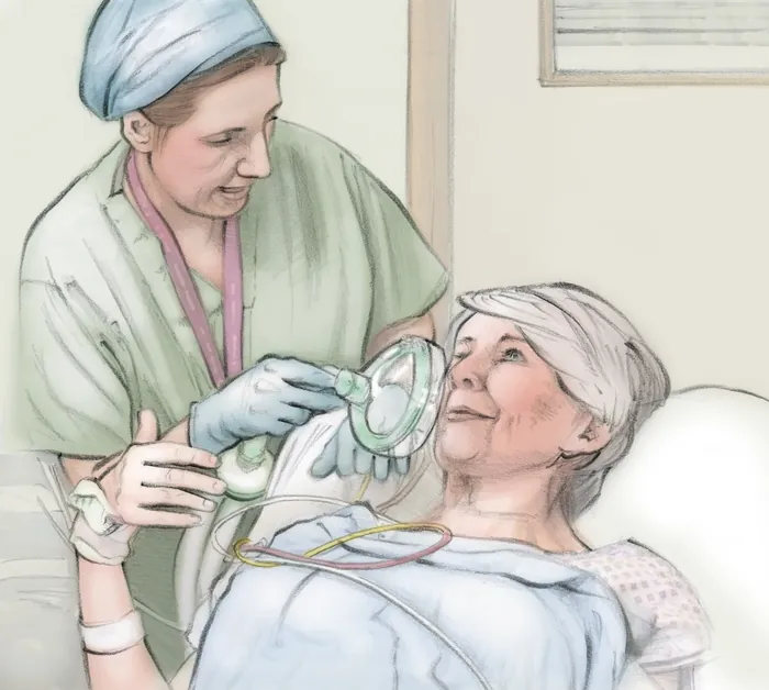 Healthcare worker preparing oxygen mask for elderly patient in hospital bed