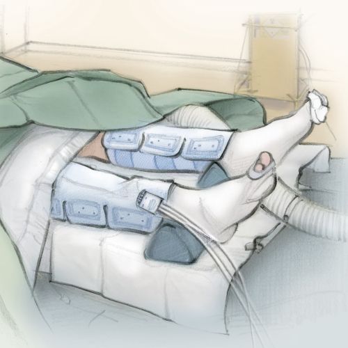 Patient in hospital bed with leg braces and medical equipment