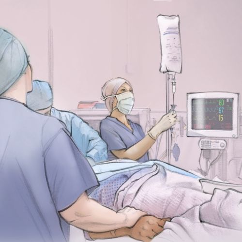 Medical staff monitoring patient receiving anesthesia in hospital room