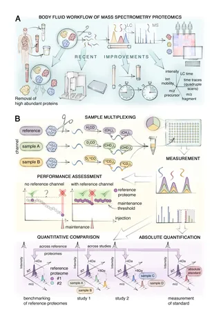 Scientific illustrations showing body fluid proteomics workflows and data analysis