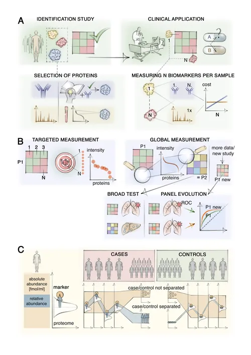 Scientific diagrams illustrating proteomics measurement strategies and data analysis