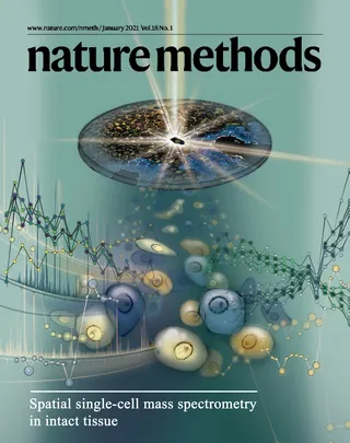 Abstract illustration of spatial single-cell mass spectrometry with spherical cells and data graphs