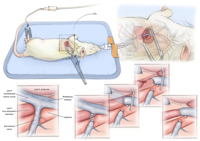 Color medical illustration showing surgery on rat for scientific research