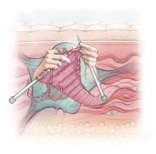 Fibroblast knitting collagen fibers in human skin illustration