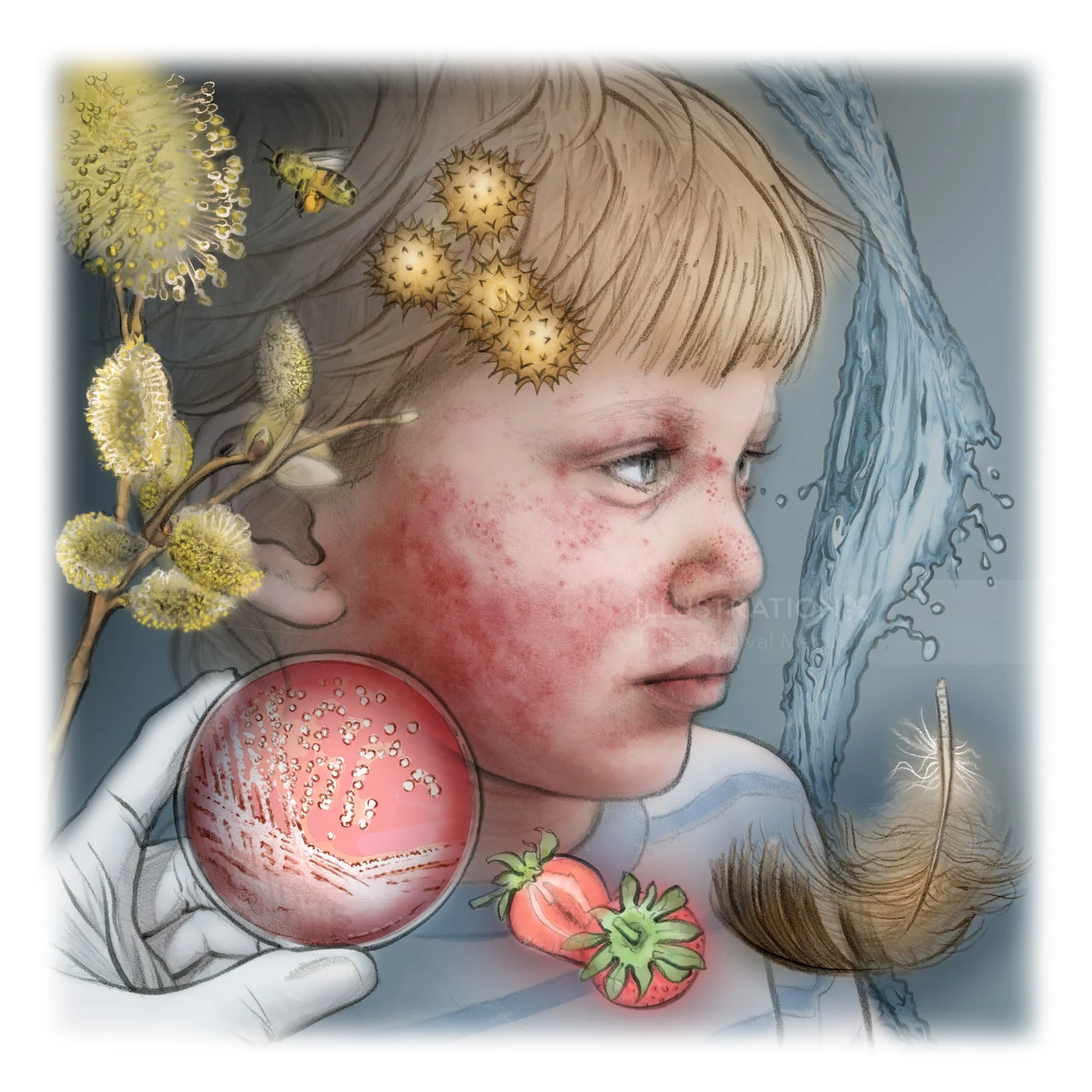 Child with facial dermatitis and magnified skin bacteria illustration