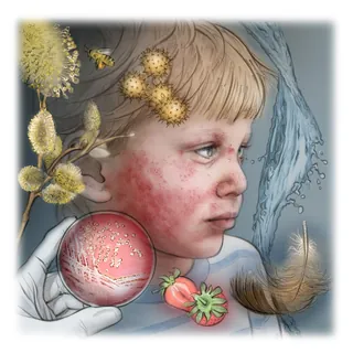 Child with facial dermatitis and magnified skin bacteria illustration