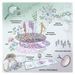 Illustration of spatial proteomics integrating multimodal data for precision medicine