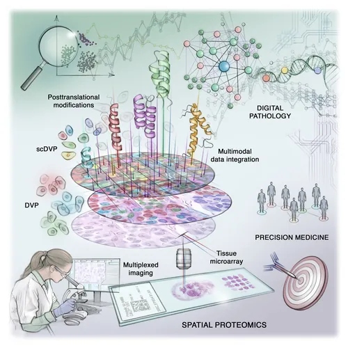 Illustration of spatial proteomics integrating multimodal data for precision medicine
