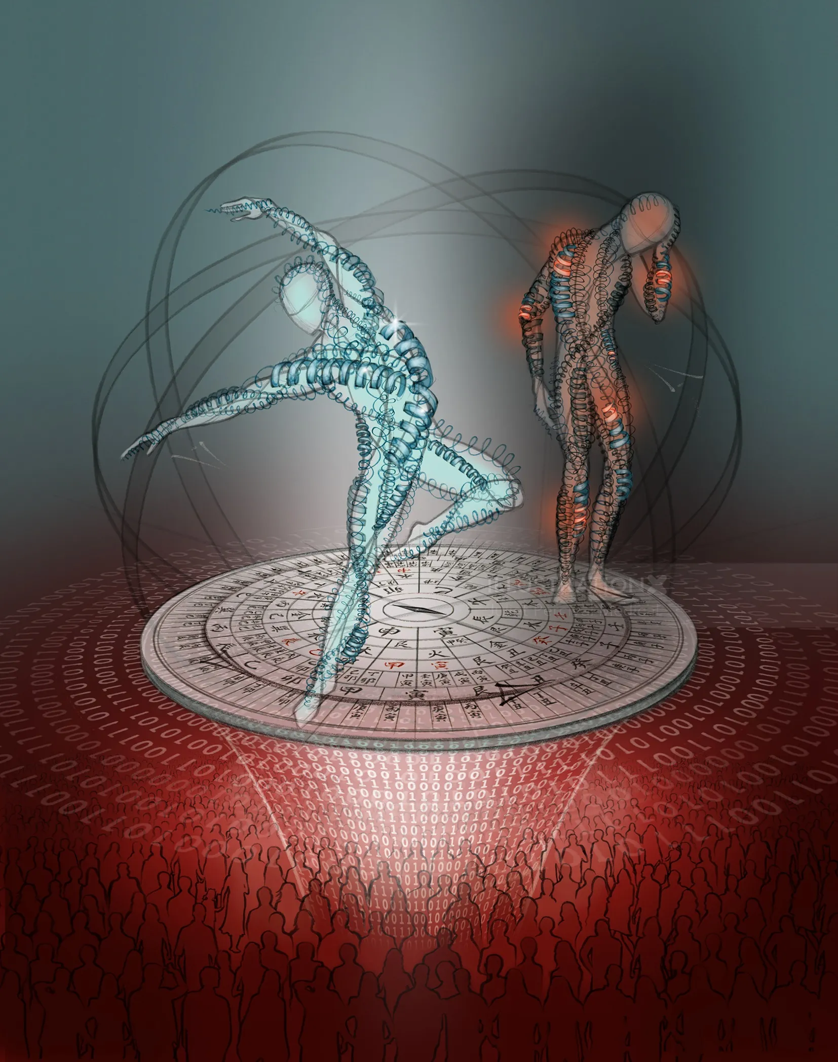 Digital artwork of two human figures with molecular structures dancing