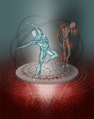 Digital artwork of two human figures with molecular structures dancing