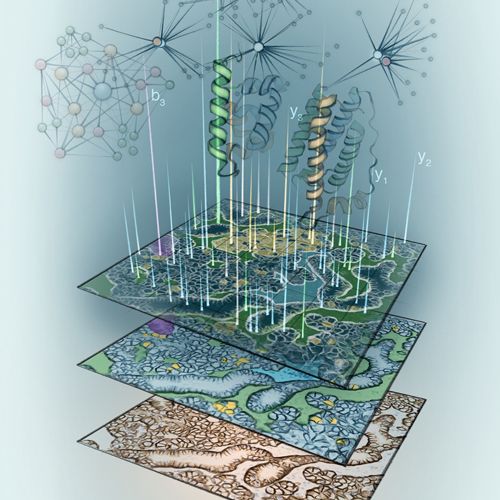Layered scientific illustration showing molecular structures and biological tissues