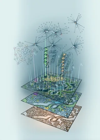 Layered scientific illustration showing molecular structures and biological tissues