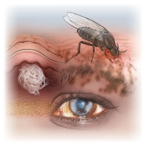 Illustration of onchocerciasis showing a fly, skin, and infected eye