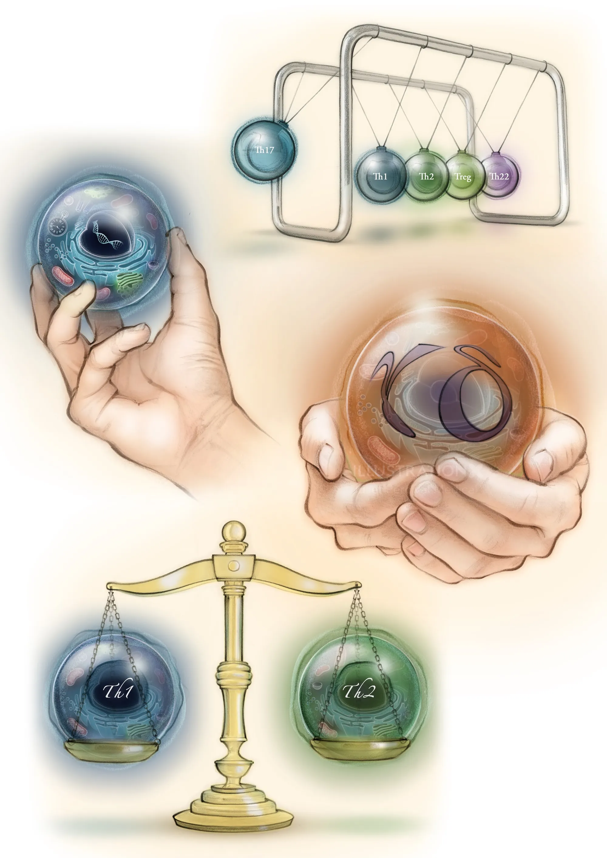 Hands holding spheres and a scale with molecular illustrations