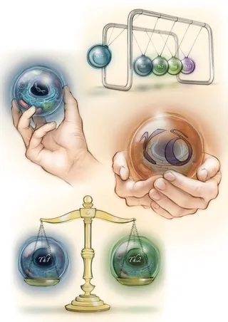 Hands holding spheres and a scale with molecular illustrations