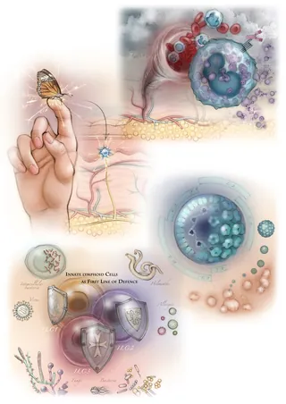 Illustration of human skin cells and immune response with hand and butterfly