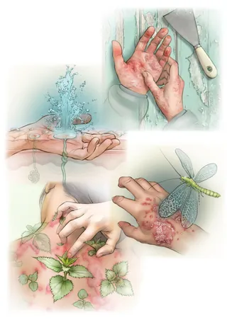 Illustration showing human hands with skin conditions and natural remedies