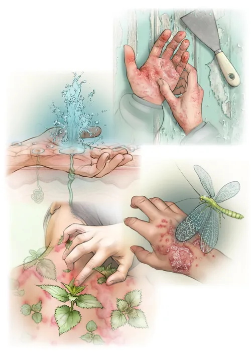 Illustration showing human hands with skin conditions and natural remedies