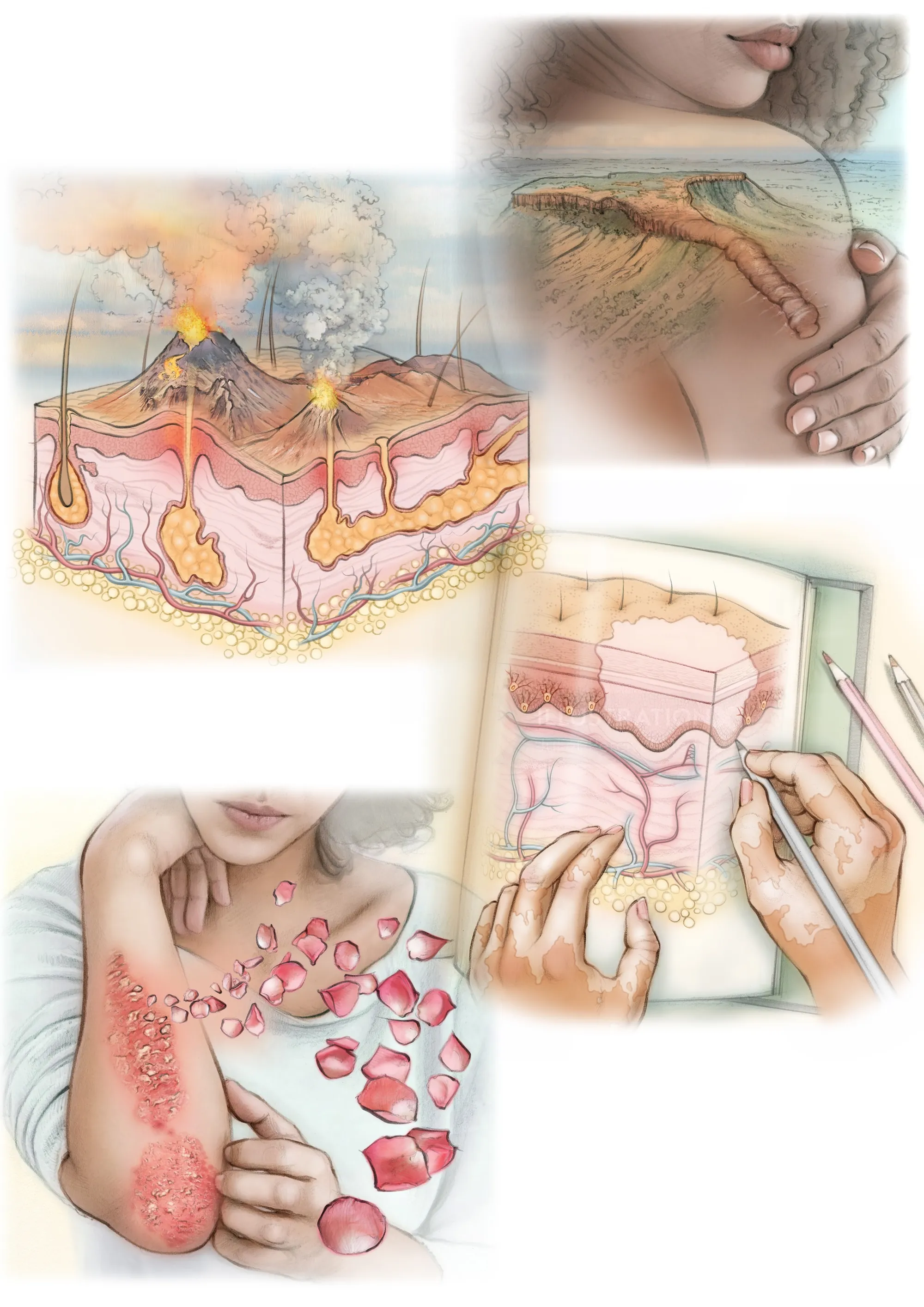 Illustrations of human skin layers and skin conditions with hands and medical tools