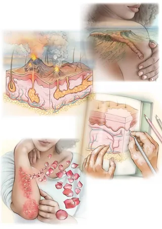 Illustrations of human skin layers and skin conditions with hands and medical tools