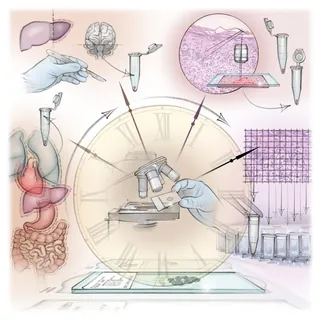 Illustration showing proteomics research tools and organs with a clock background