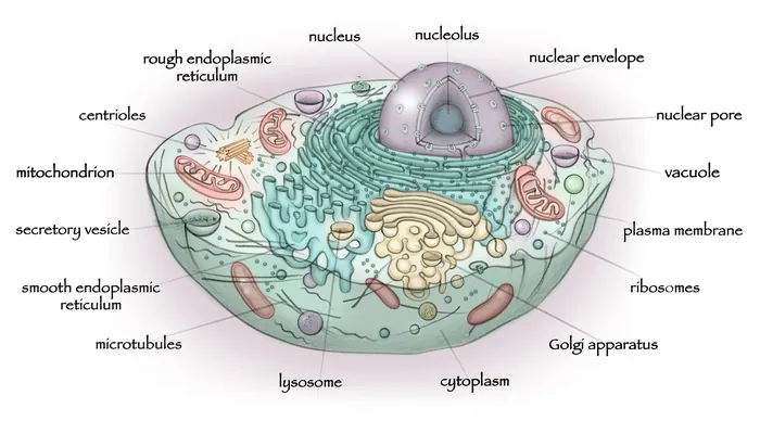 Labeled diagram of an animal cell with organelles and structures