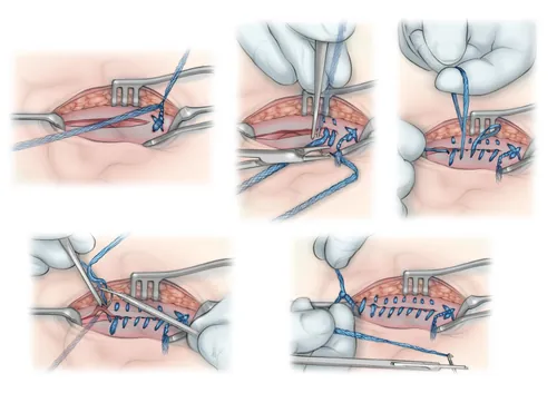 Step-by-step Duramesh hernia repair surgical illustration