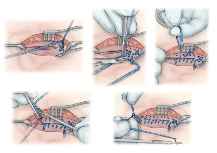 Step-by-step Duramesh hernia repair surgical illustration