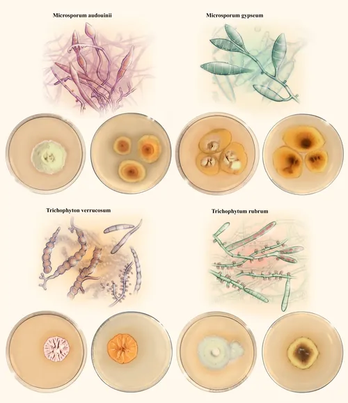 Illustrations and petri dishes showing various fungi and molds