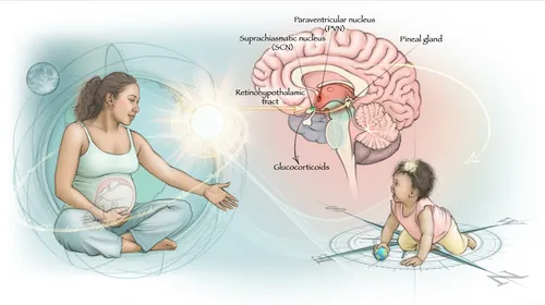 Illustration of pregnant woman and infant with labeled brain regions by Juliet Percival Medical