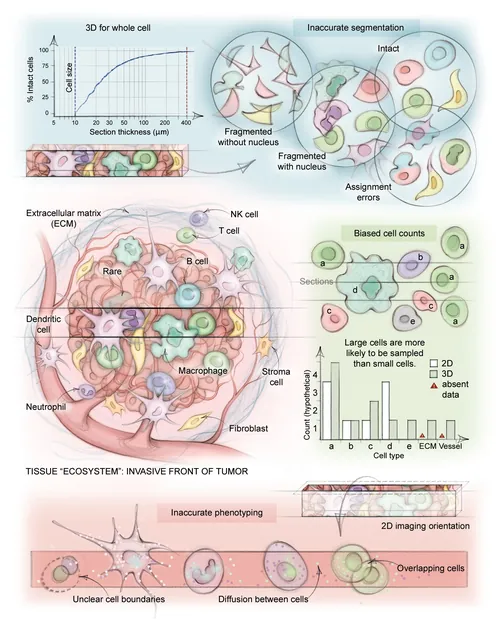 Detailed spatial biology illustration showing tumor ecosystem and cell interactions by Juliet Perciv
