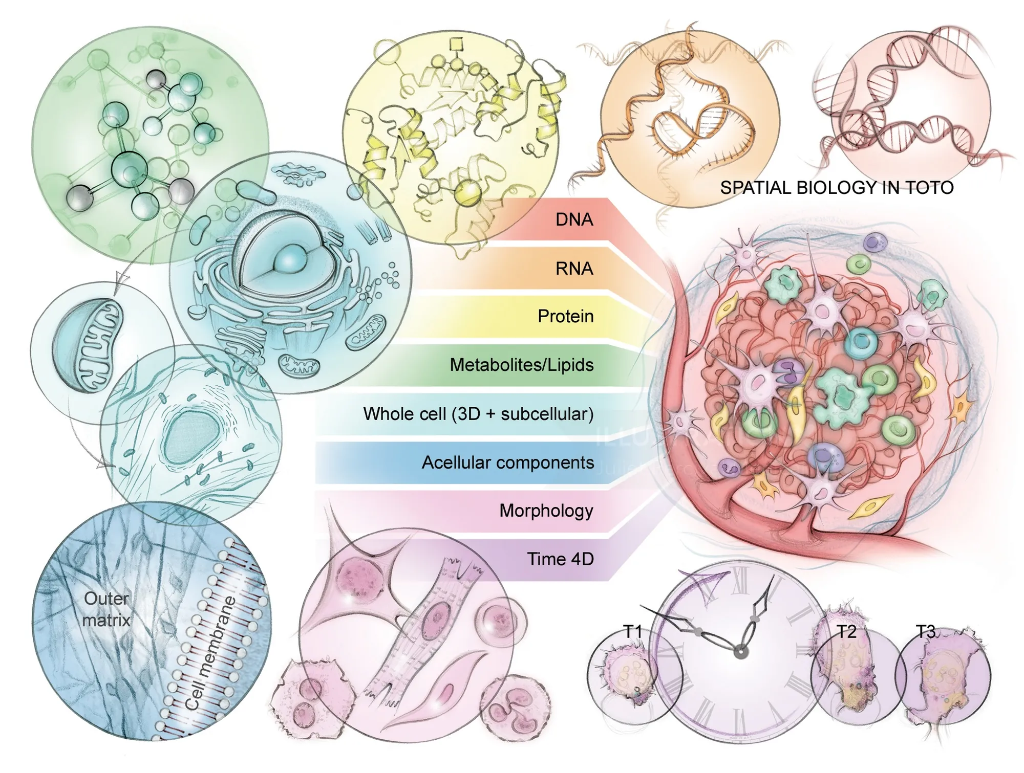 Illustration of spatial biology showing DNA, RNA, protein, and cells by Juliet Percival Medical