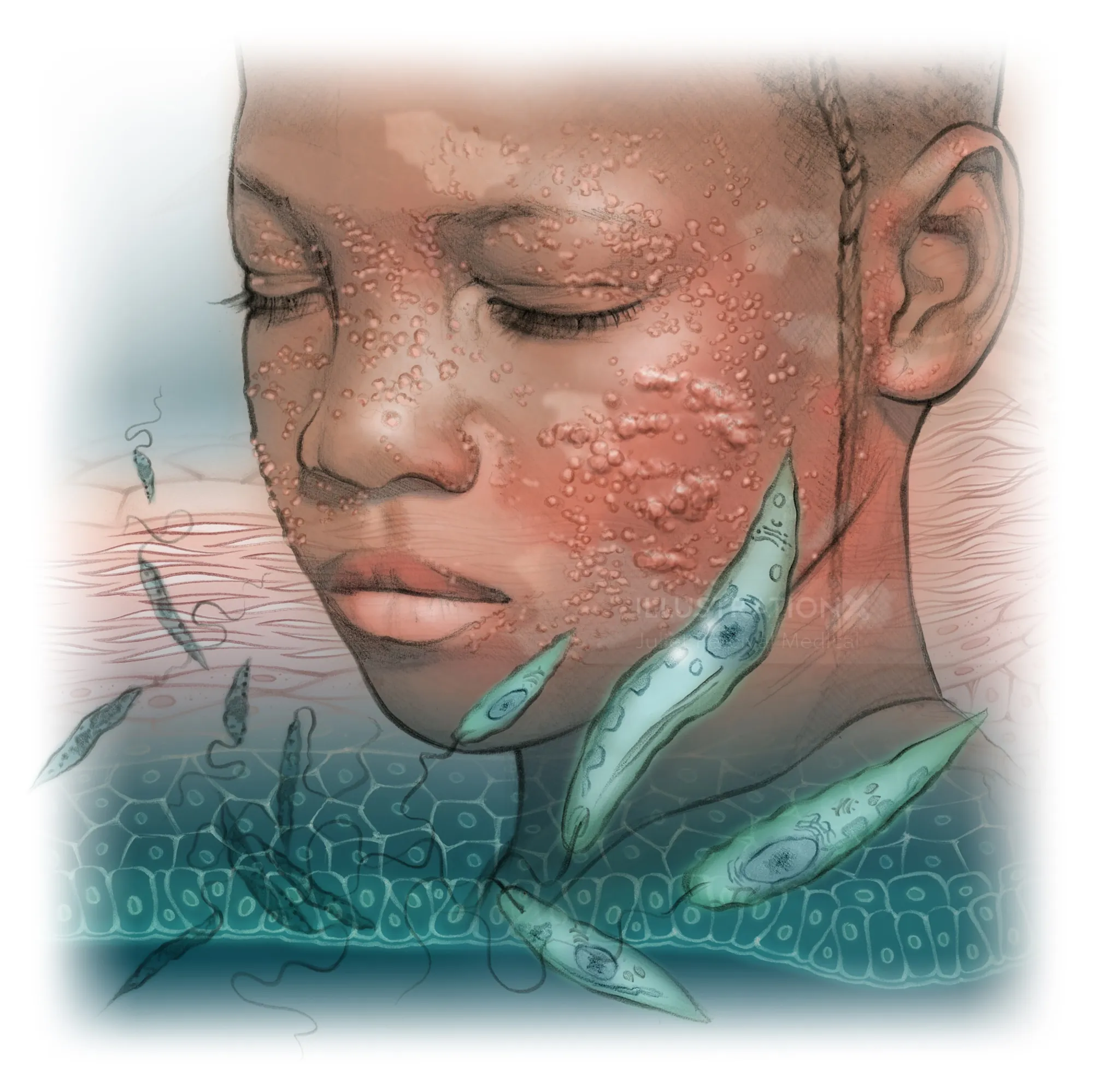 Illustration of Post-Kala-Azar Dermal Leishmaniasis on child's face by Juliet Percival Medical