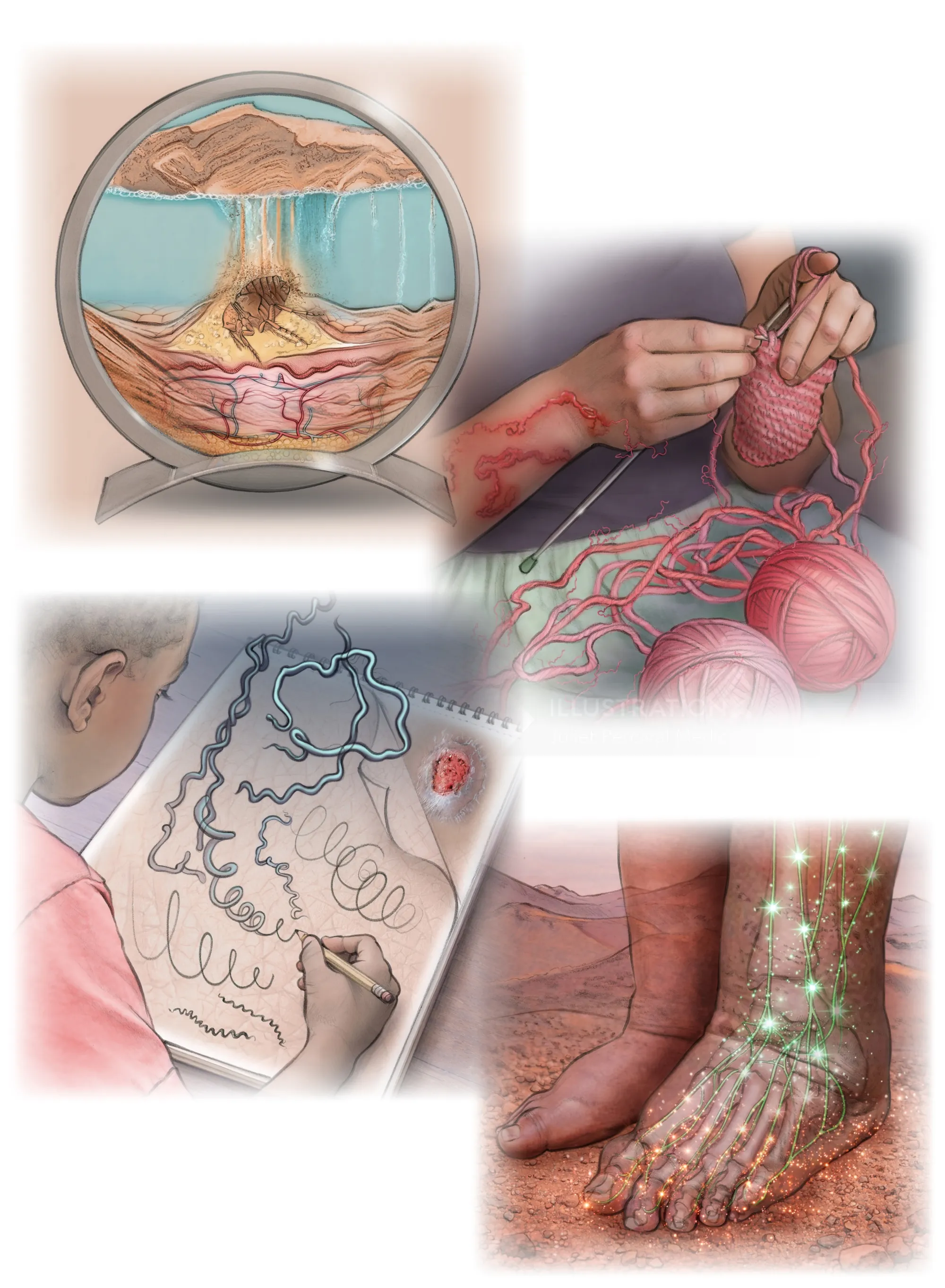 Detailed medical illustrations of tungiasis, CLM, yaws, and podoconiosis by Juliet Percival Medical