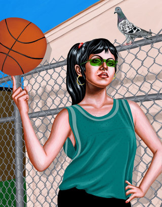 Chica con pintura digital de baloncesto. 