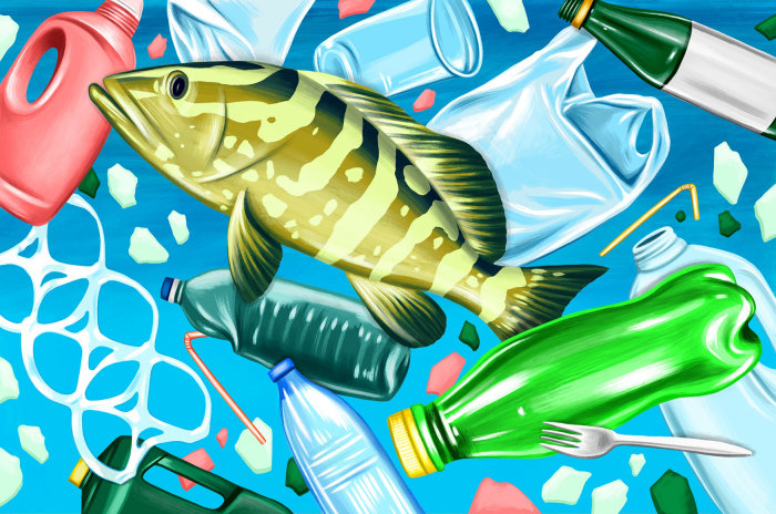 Conceptual illustration of plastic pollution underwater 
