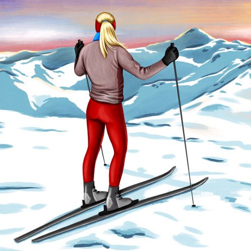 Skiing woman realistic painting