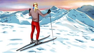 スキーをする女性の写実的な絵画