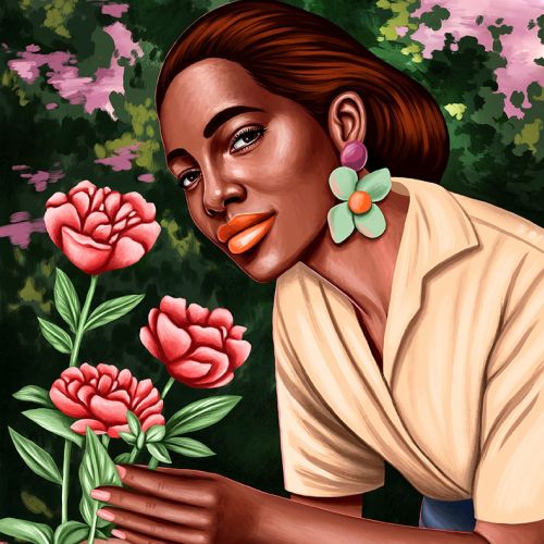 Portrait illustration of girl smelling all flowers 