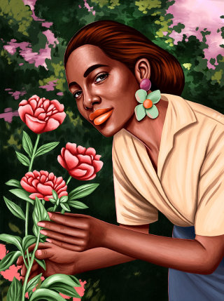 Ilustração de retrato de uma garota cheirando todas as flores 