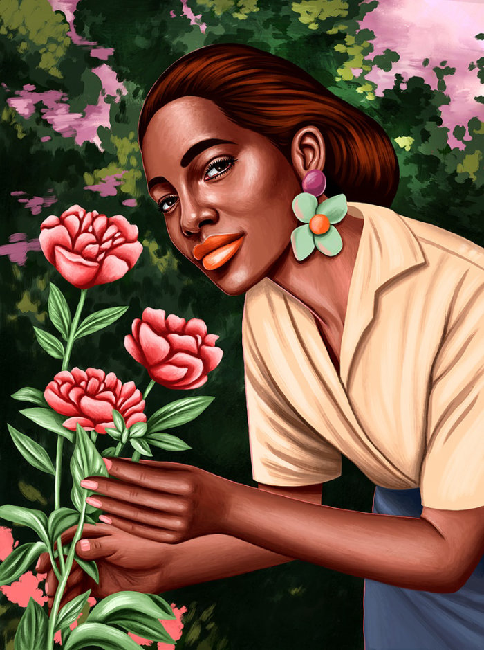 Portrait illustration of girl smelling all flowers 