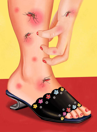 Mosquitos mordendo perna de mulher
