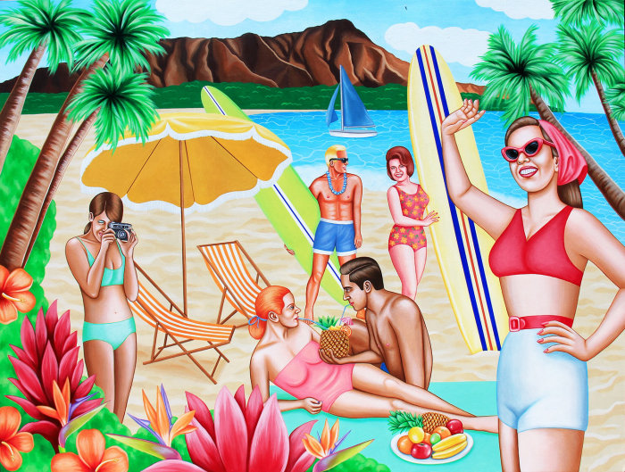 Acrylic painting of people enjoying at beach
