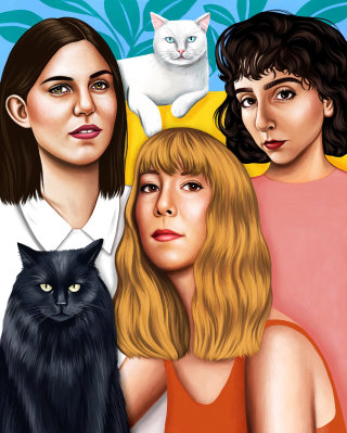 Retrato de três amigos e seus gatos