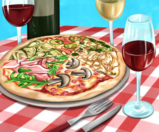 Ilustración de maridaje de pizza y vino para DaVinci Wines